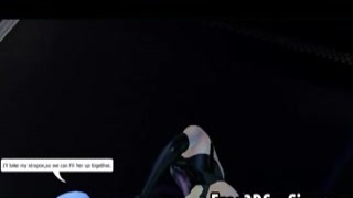 The gorgeous 3D cartoon babe is lying on her back, her big tits bouncing up and down as she gets double teamed by two hunky guys