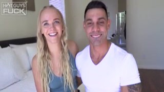 Horny white girl lays on the bed with her legs spread wide, begging for the thick uncut euro cock to be buried deep inside her tight pussy