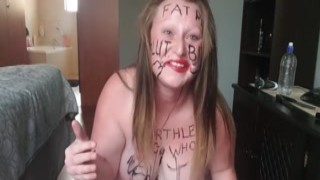 pig degrading writing hair pulling self-slapping